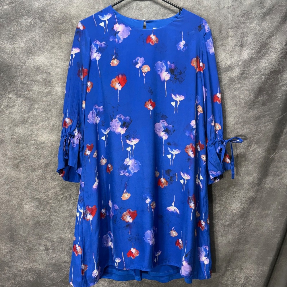 Tyler Boe Blue Watercolor Floral 100% Silk Shift Dress Size M Tie Sleeve Spring